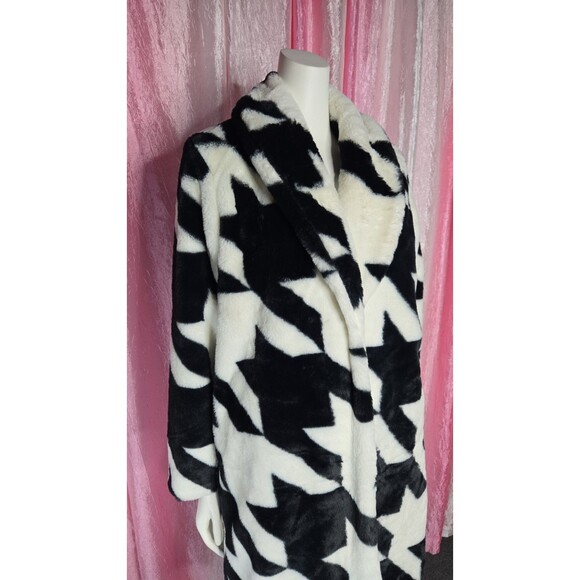 Sergio Hudson Faux Fur Coat  Black & White Houndstooth Fancy Long Coat Size XS - Picture 3 of 13